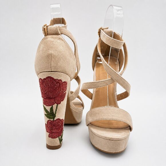 Charlotte Russe Shoes - Charlotte Russe Rose Embroidered Platform Heels Tan Size 7 Strappy